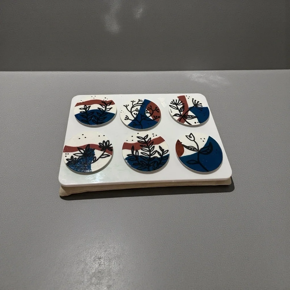 Handmade Drink Coasters With Floral Design and Blue and Brown Patterns
